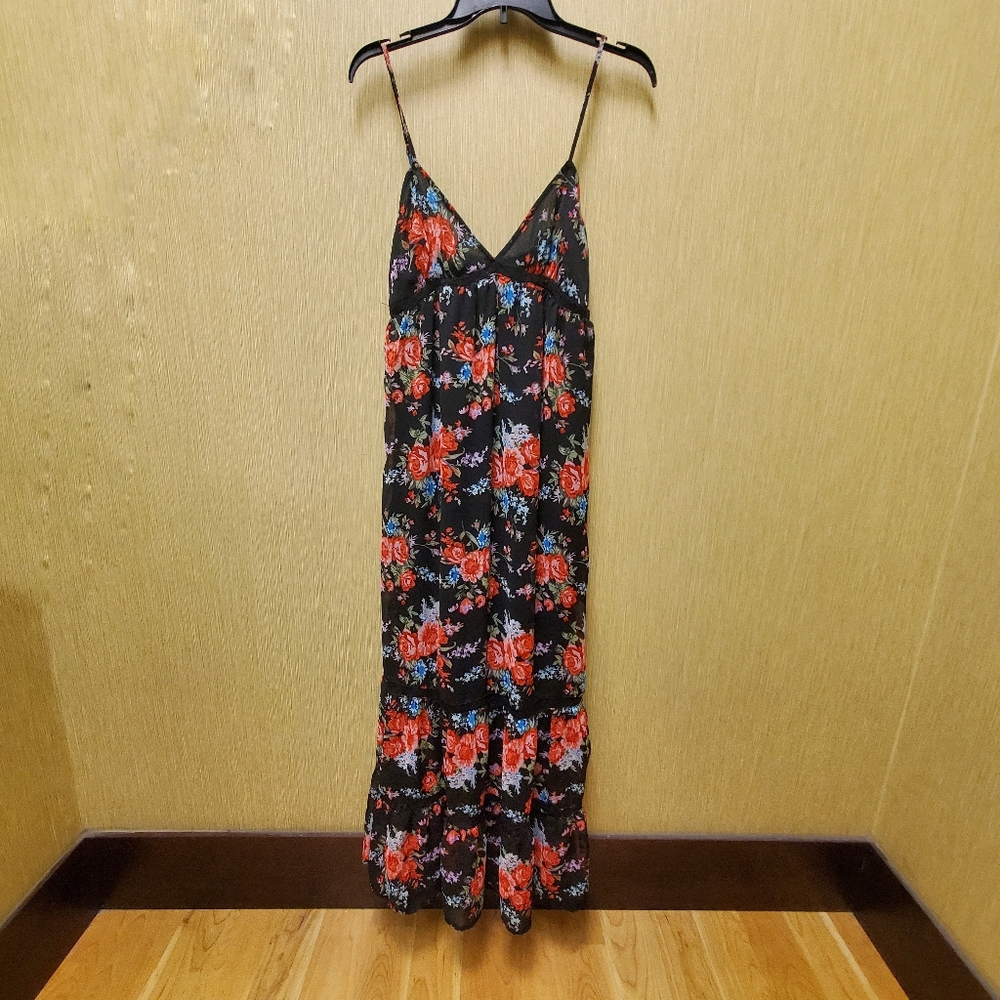 BOHO Maxi Dress Tiered w/ Lace Floral Print Peasant Prarie Size Large EU…